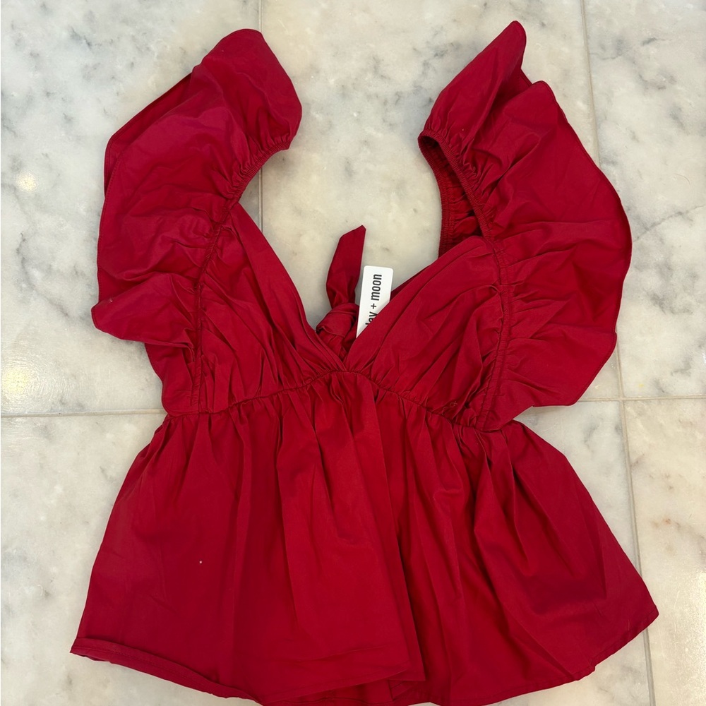 Day + Moon Red Babydoll Top with Ruffled Sleeves